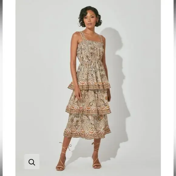 Cleobella Rosalie Kaleidoscope dress ruffle midi dress sz S organic cotton - Picture 2 of 6